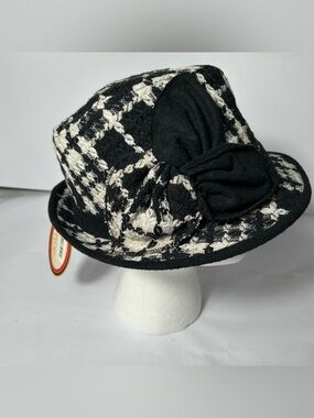 New Scala Pronto Hat Cloche Derby OSFM Check Church Dress Bow Band Trim